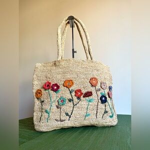 Discounted Handwoven Raffia Tote with Floral Embroidery – Lightweight